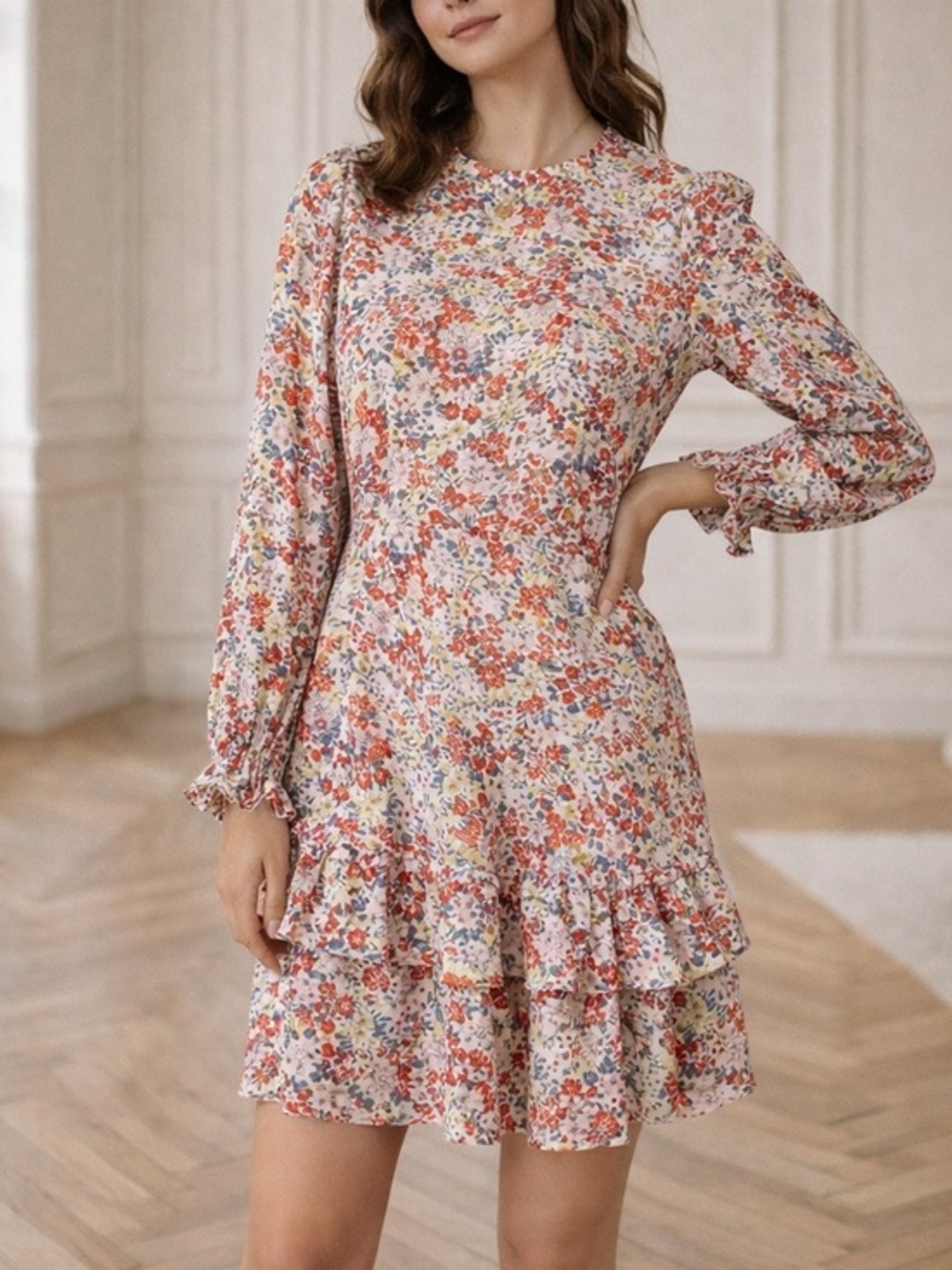 Karlie Floral Orange Multicolor Ruffle Tier Long Sleeve Cottagecore Mini Dress